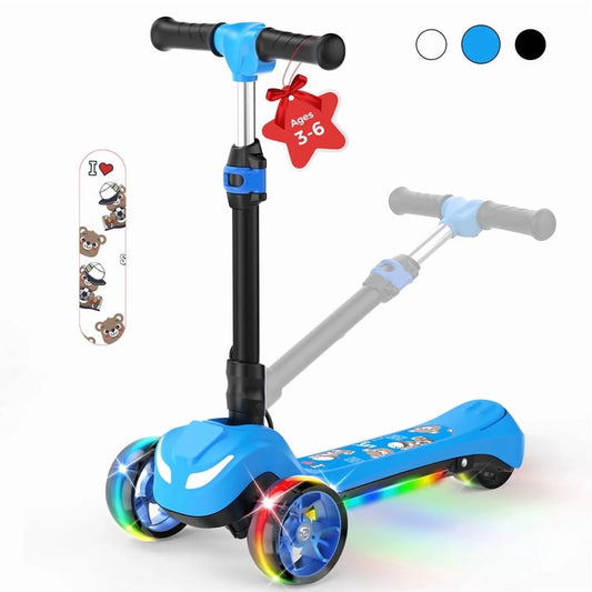 Electric Scooter for Kids 3+, 3-Wheels 70W Motor Escooter & Light-Up Wheels and Pedal, Foldable & Height Adjustable Toddler Motorized Scooters, E-Scooter for Girls Boys(Blue)