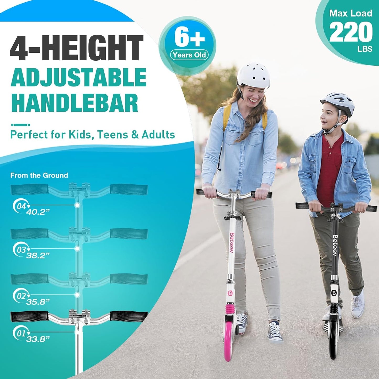 BELEEV V5 Scooters for Kids 6 Years and Up, Folding Kick Scooter 2 Wheel for Adults Teens, 4 Adjustable Handlebar, 200Mm Big Wheels, Lightweight Sports Commuter Scooter, Sturdy Frame, up to 220Lbs