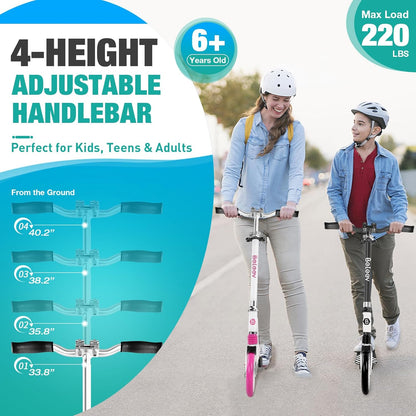 BELEEV V5 Scooters for Kids 6 Years and Up, Folding Kick Scooter 2 Wheel for Adults Teens, 4 Adjustable Handlebar, 200Mm Big Wheels, Lightweight Sports Commuter Scooter, Sturdy Frame, up to 220Lbs