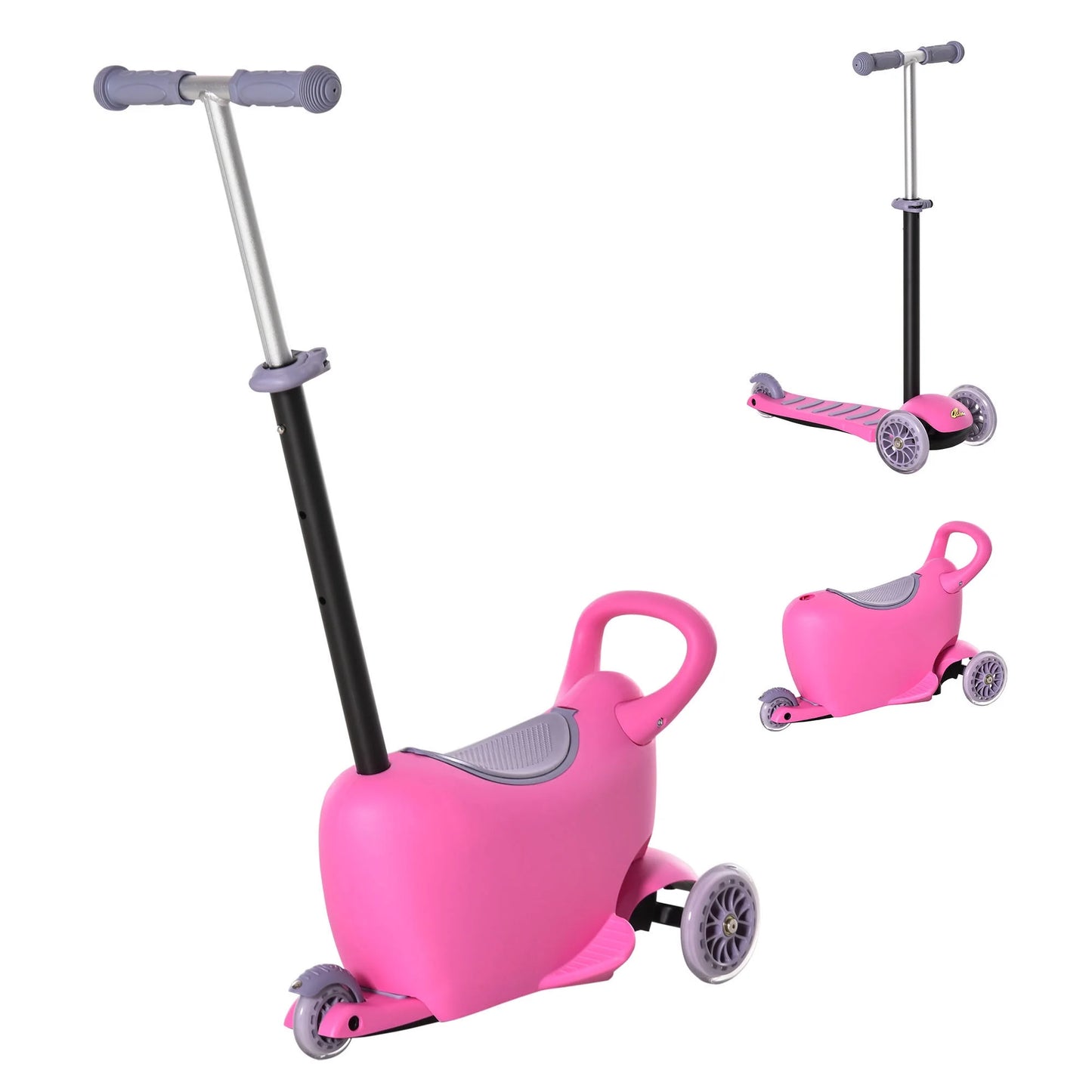3-In-1 Ride on Push Car, Kids Scooter, Sliding Walker, Push Rider, with Adjustable Handlebar, 3 Balanced Wheels, Removable Storage Seat, for Boys and Girls Aged 2-6 Years Olds, Pink