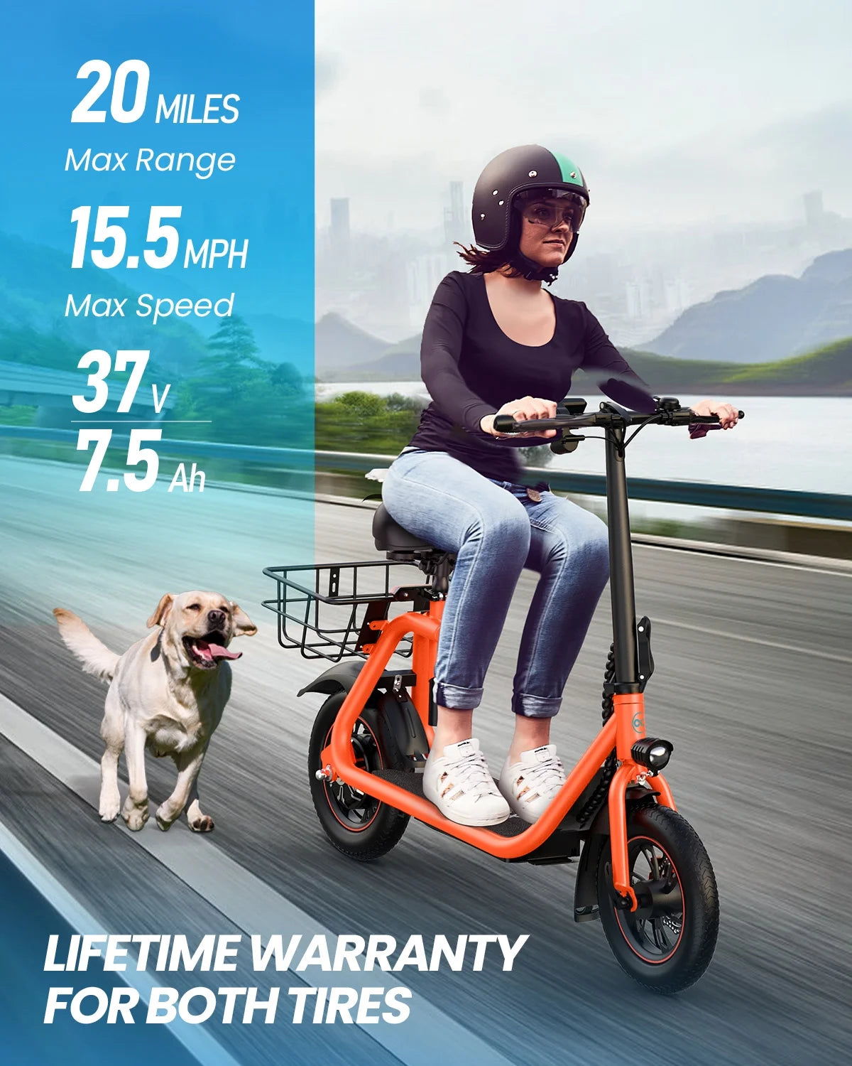 450W Electric Scooter with Seat, Commuter Electric Scooter for Adult with Basket & Free Phone Holder & Steel Cable Lock & Inner Tube- up to 21 Miles 15.5Mph-Oange