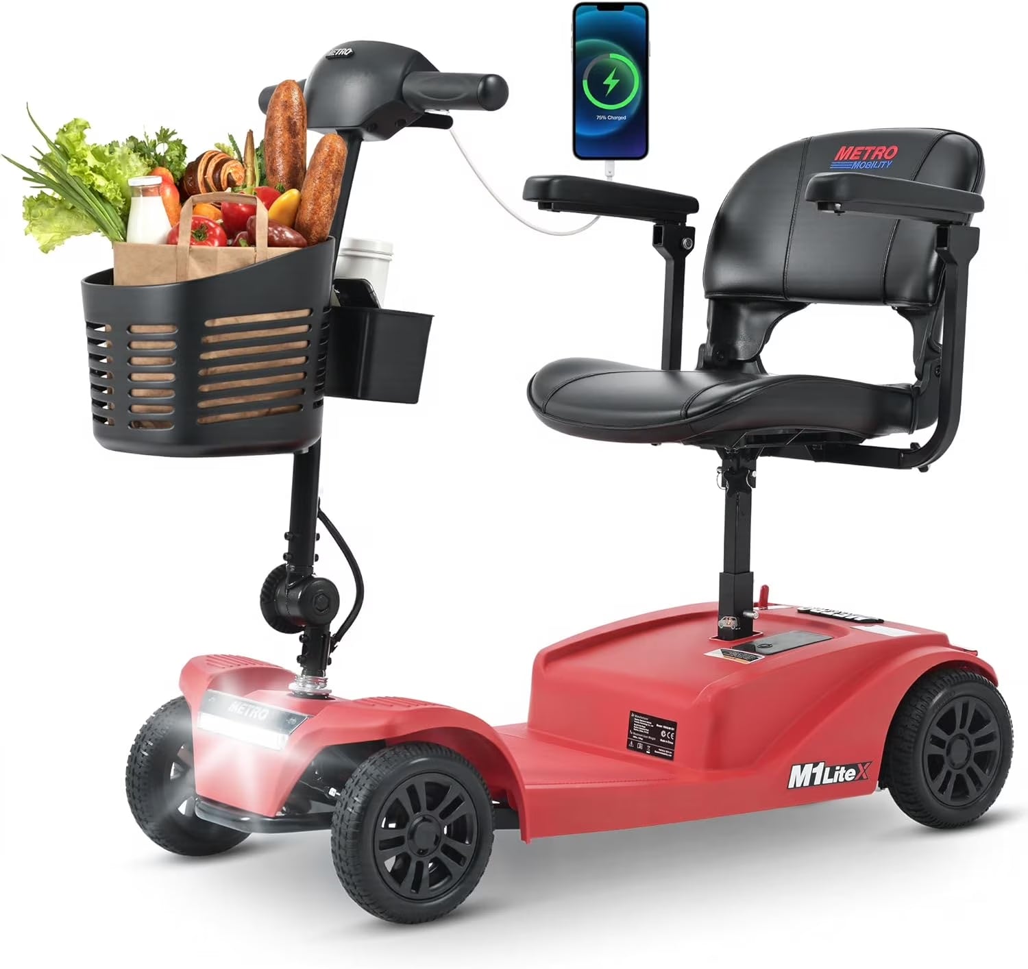 4 Wheels Mobility Scooter, Folding Lightweight Travel Mobility Scooter with Front & Rear LED Light, Heavy Duty Electric Motorized Scooters for Seniors Adults, Compact Mobility Scooter, Red