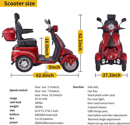 Secure 4-Wheel Mobility Scooter with Adjustable Seat & Charger, Red,