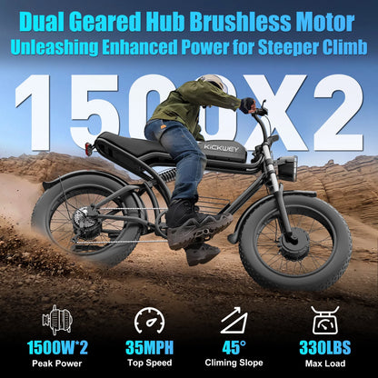 Electric Bike for Adults, 1500W/3000W 30-35MPH,48V23AH, Max 75Miles Electric Motorcycle 20" Fat Tire Dirt Bike, Shamano 7-Speed E-Bike Dual Shock Absorber,Ul2849