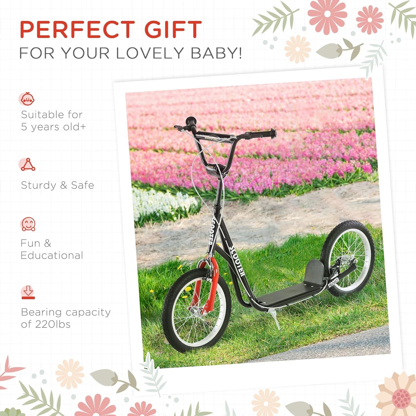 Aosom Youth Scooter Kick Scooter for Kids 5+, Max Load 220 LBS., with Adjustable Handlebar, 16" Inflatable Wheels, Dual Brakes