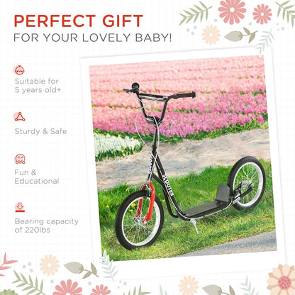 Aosom Youth Scooter Kick Scooter for Kids 5+, Max Load 220 LBS., with Adjustable Handlebar, 16" Inflatable Wheels, Dual Brakes