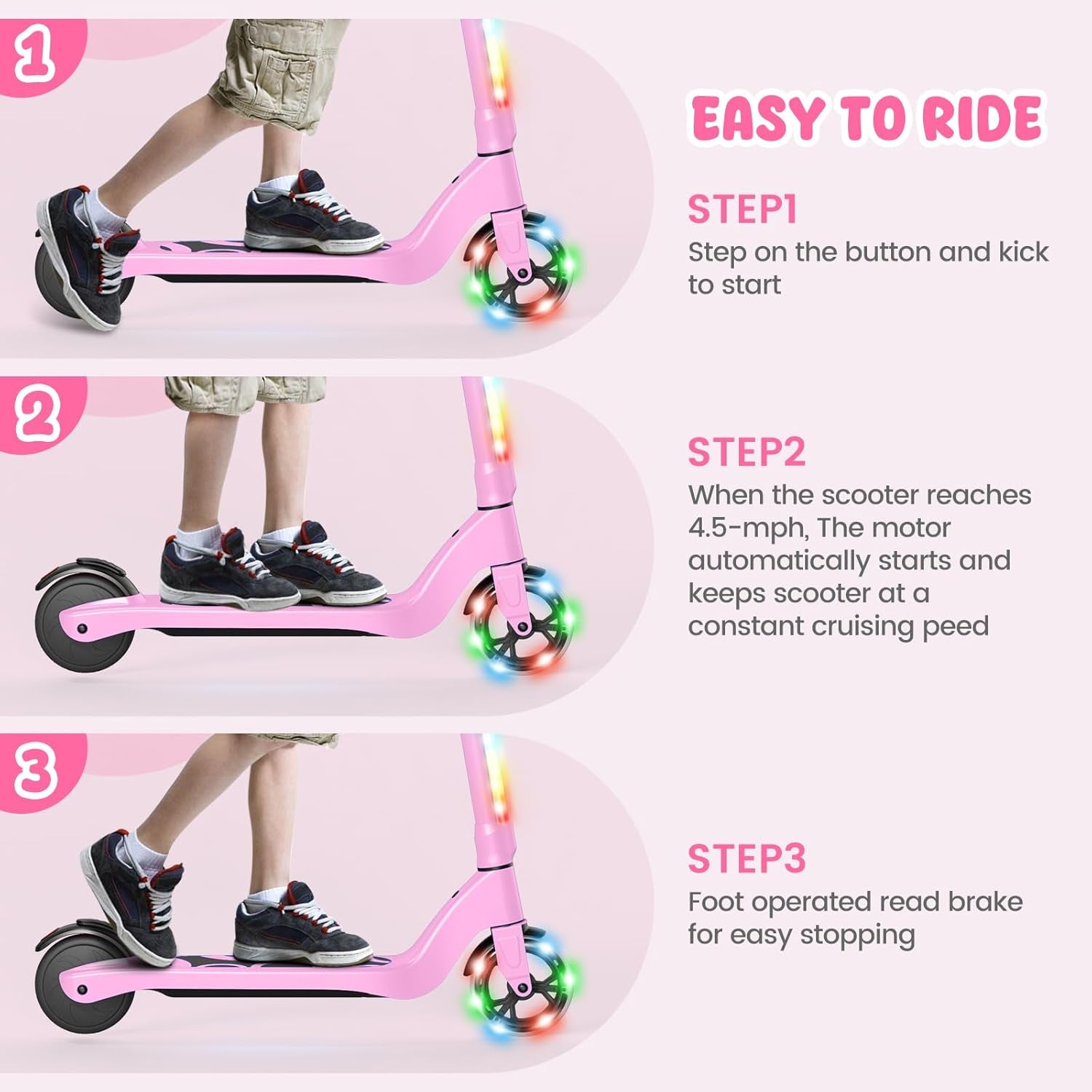 SISIGAD Electric Scooter for Kids Ages 6-12, LED Light-Up Deck, Kids Scooters with 3 Adjustment Levels Handlebar to 36 Inches High,5.3" Wheel UL Certificated Kick Scooter
