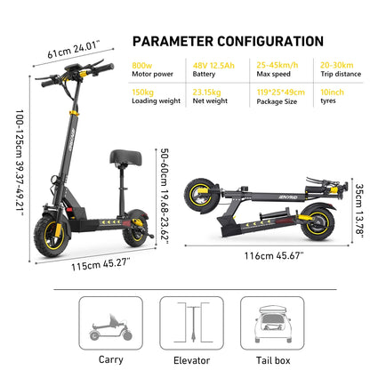 Electric Scooter for Adult with Seat, 800W Foldable City Commuting Escooter, 3 Speeds / 48V 12.5Ah / 28 Mph 30 Miles Range / 330 Lbs Capacity, E-Scooter for Kids 12+