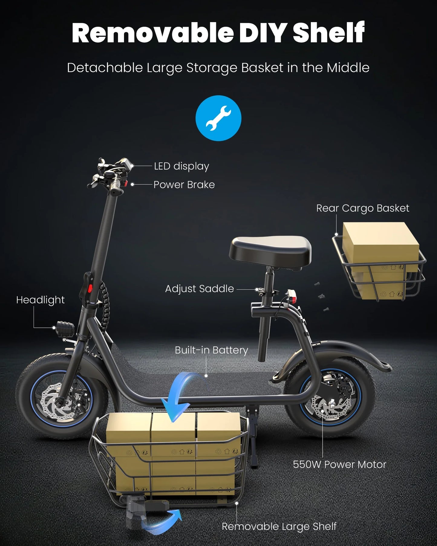 19MPH Foldable 550W Electric Scooter with Seat for Adult，12 Inch Commuter Electric Scooter for Pets with Front & Back Basket, Bigger Seat - up to 21 Miles