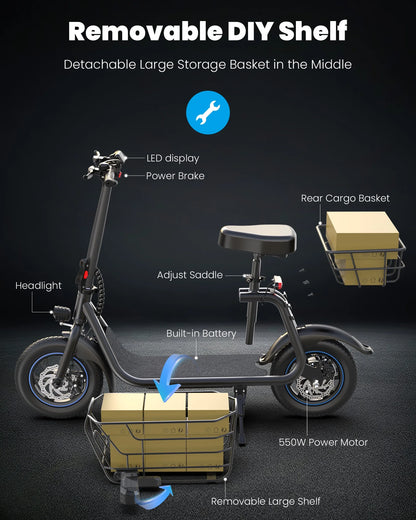 19MPH Foldable 550W Electric Scooter with Seat for Adult，12 Inch Commuter Electric Scooter for Pets with Front & Back Basket, Bigger Seat - up to 21 Miles
