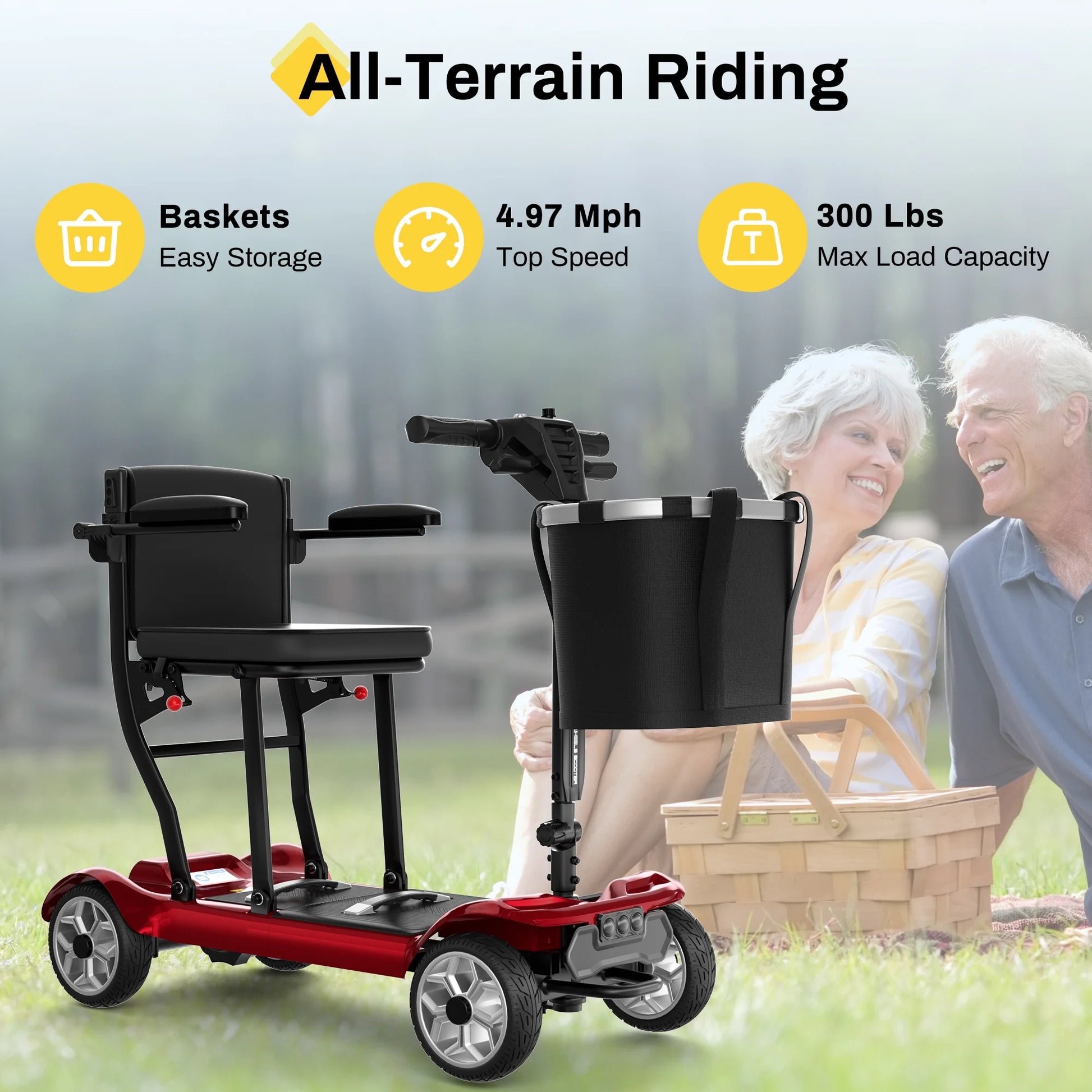 Ultra Lightweight 4 Wheel Mobility Scooter for Seniors (Only 50Lbs), 25+ Miles Travel Dual Battery Mobility Scooters, Aluminum Electric Folding Wheelchair Device, Red