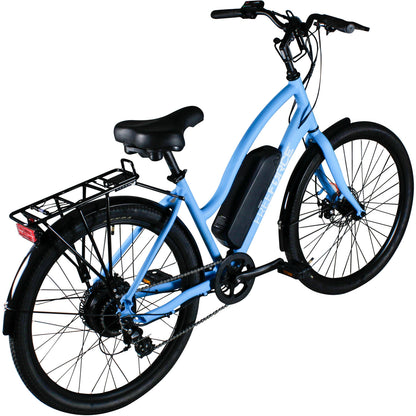Avalon 16-In Electric Beach Cruiser Bike | Hybrid E-Bike for Adults, Thumb Throttle and Pedal Assist | with Speed Sensor, Storage Rack, Bell, Water Bottle Bracket | Light Blue