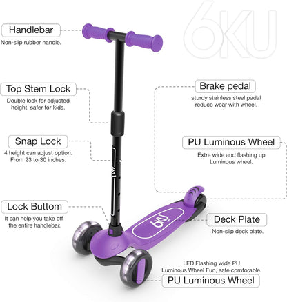 6KU Scooter for Kids Ages 3-10 with Flash Wheels, Kids Scooter 4 Adjustable Height, Toddler Scooter Extra-Wide PU LED Wheels, 3 Wheel Scooter for Kids for Girls & Boys Learn to Steer…