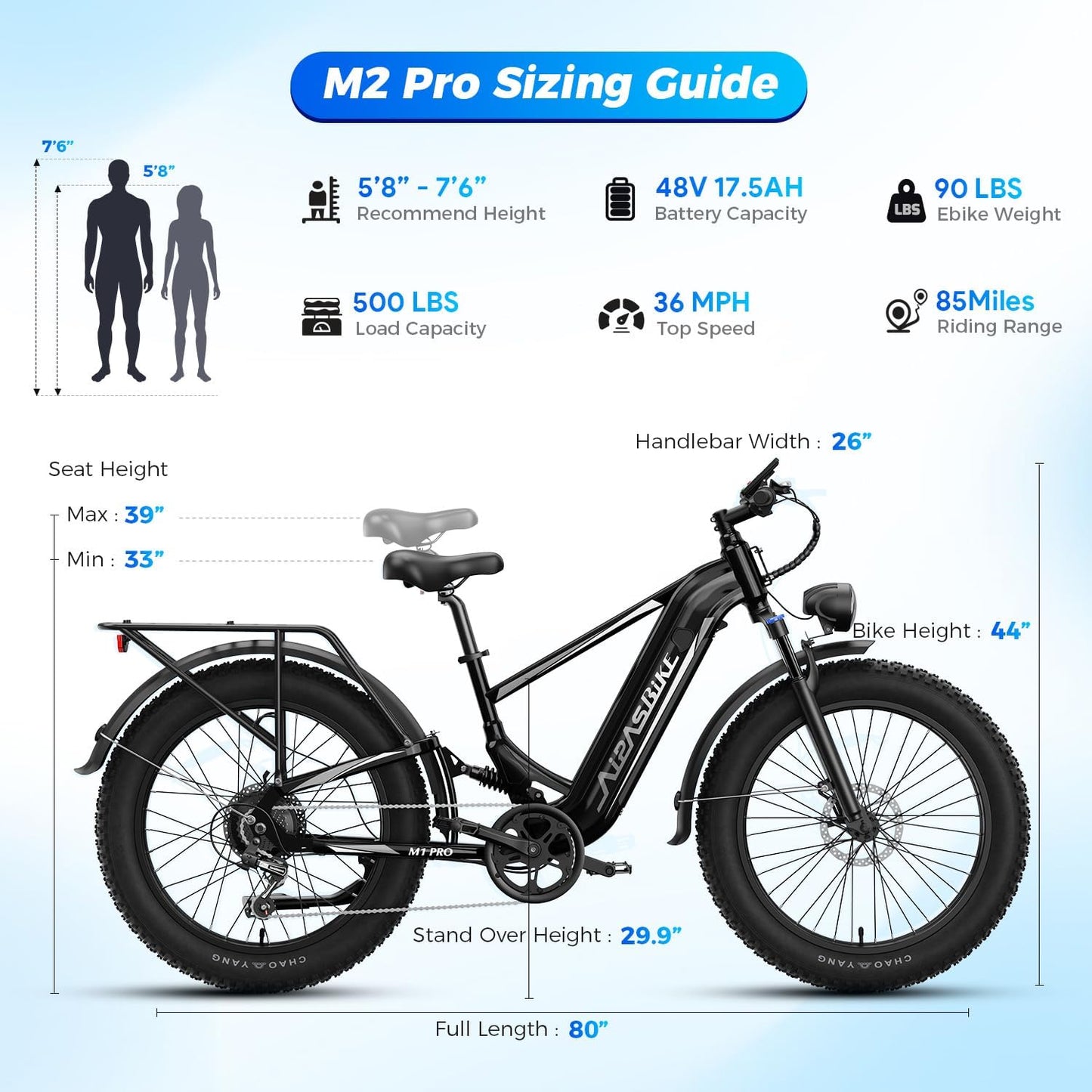 M2 Pro Electric Bike,1800W Motor Electric Bike for Adults, 26'' X 4.0'' Fat Tire Ebike with 48V 17.5AH Battery, 36MPH 85Miles Long Range Electric Mountain Bike, up to 110 Nm