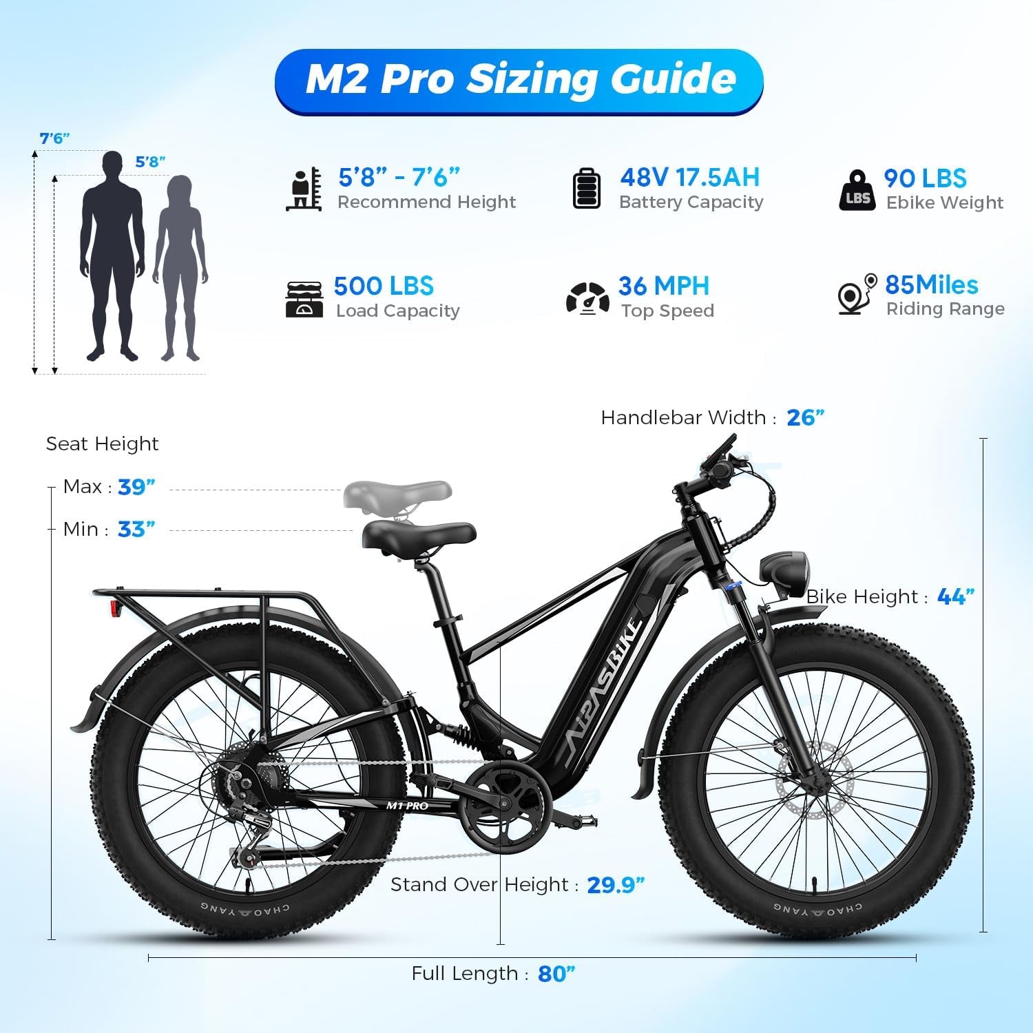 M2 Pro Electric Bike,1800W Motor Electric Bike for Adults, 26'' X 4.0'' Fat Tire Ebike with 48V 17.5AH Battery, 36MPH 85Miles Long Range Electric Mountain Bike, up to 110 Nm