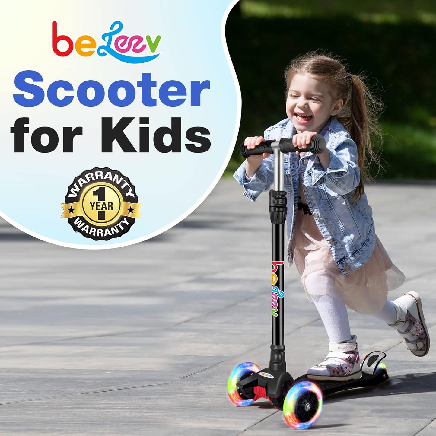 BELEEV Scooters for Kids 3 Wheel Kick Scooter for Toddlers Girls Boys, 4 Adjustable Height, Lean to Steer, Light up Wheels, Extra-Wide Deck, Easy to Assemble for Children Ages 3-12 (Rose Pink)
