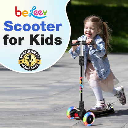 BELEEV Scooters for Kids 3 Wheel Kick Scooter for Toddlers Girls Boys, 4 Adjustable Height, Lean to Steer, Light up Wheels, Extra-Wide Deck, Easy to Assemble for Children Ages 3-12 (Rose Pink)