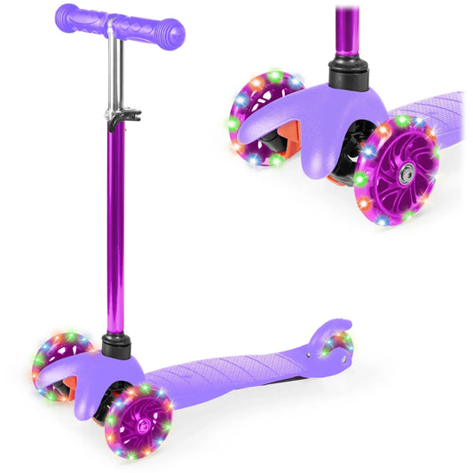 Kids Mini Kick Scooter Toy W/ Light-Up Wheels and Height Adjustable T-Bar - Purple