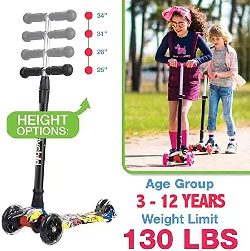 Scooters for Kids 3 Wheel Kick Scooter for Toddlers Girls & Boys, 4 Adjustable Height, Lean to Steer, Extra-Wide Deck, Light up Wheels for Children from 3 to 14 Years Old