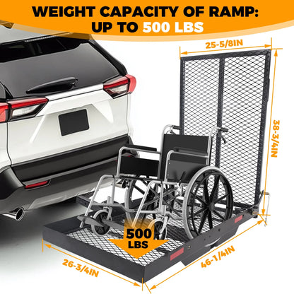 Hitch Mounted Cargo Carrier Mobility Scooter and Wheelchair Carrier Rack with Loading Ramp Luggage Basket Disability Medical Lift Rack