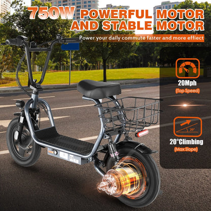 Electric Scooter for Adults with Seat,Peak 1200W Motor,Commuter Foldable Electric Scooter with Basket, Dual Shock Absorbers&14" Wheels,Up to 30 Miles 20Mph,Gray