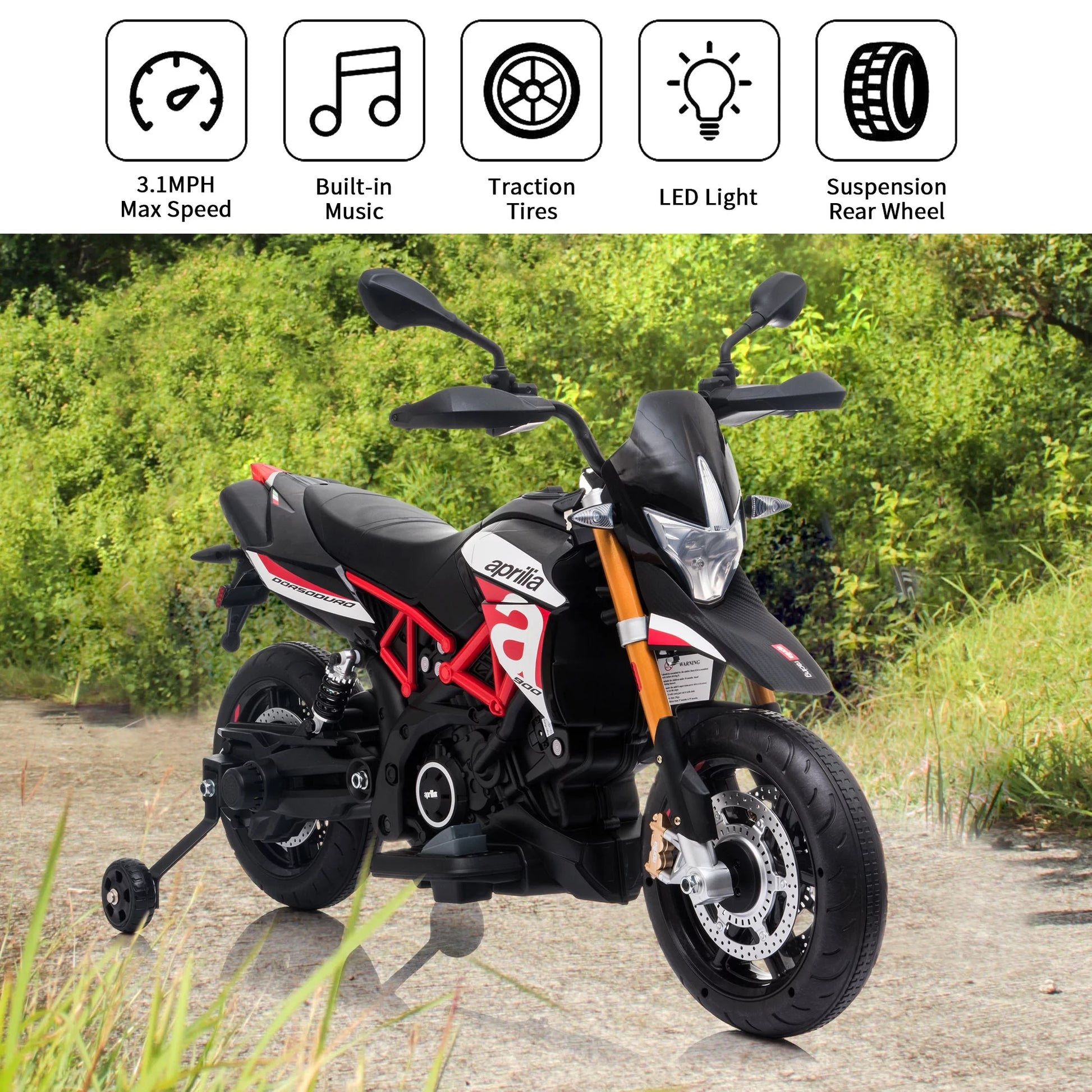 Aprilia Licensed 12V Ride on Motorcycle Electric Motorbike for Kids Child Toys W/Training Wheels, Music, LED Lights, MP3, USB