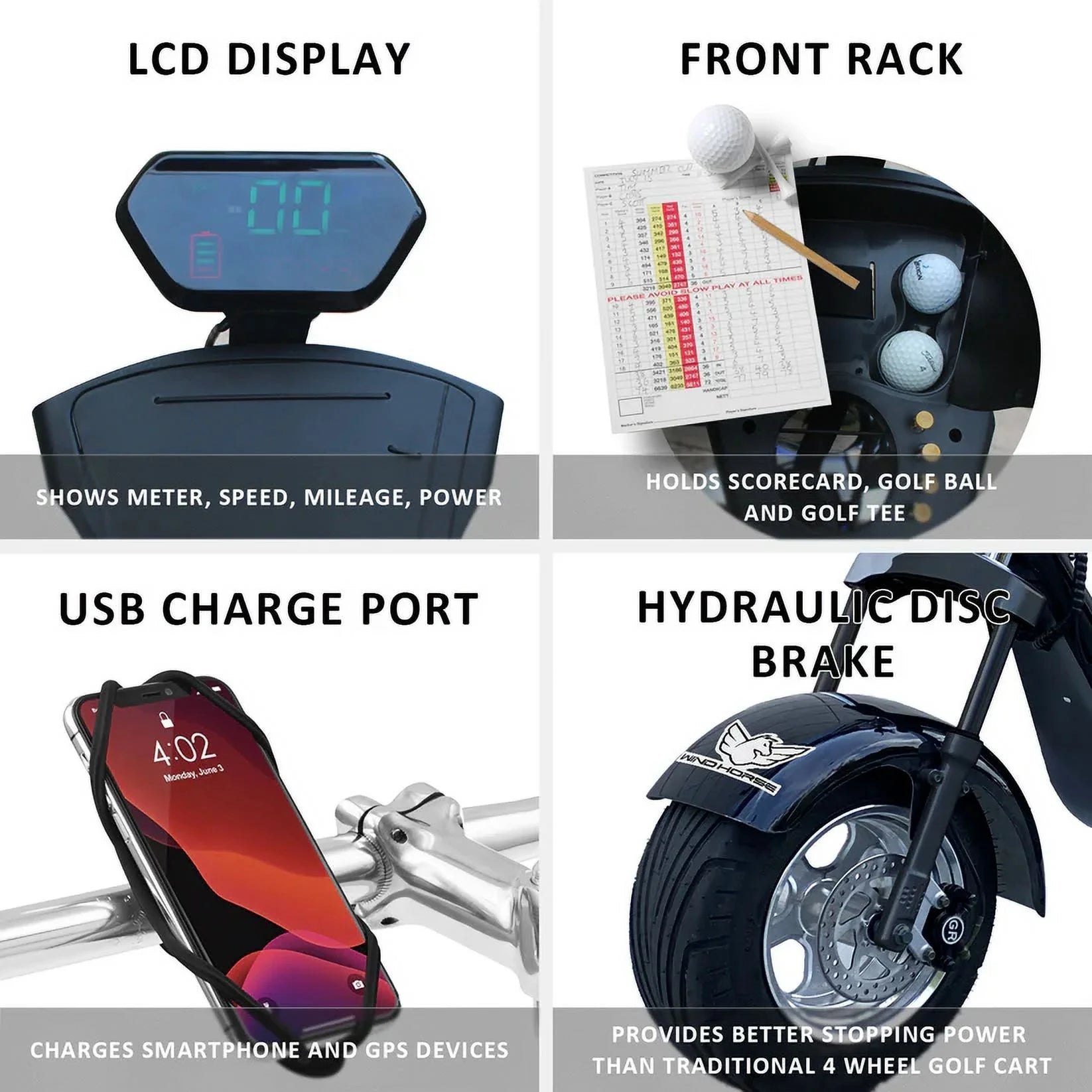 D2 Electric Bike Moped for Adults Fat Tire Golf Cart 2000W Motor 80-Mile Range 20MPH Top Speed Dual Batteries Hydraulic Brakes Motorcycles