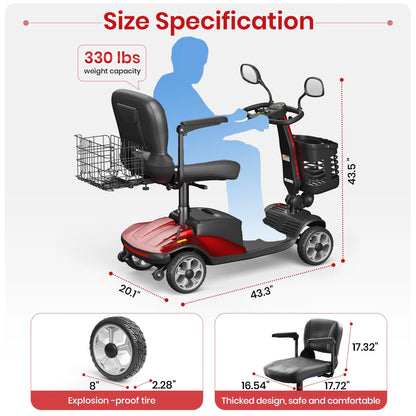 Upgrade 4 Wheel Mobility Scooter for Seniors, Foldable Powered Mobile Wheelchair for Adult 330Lbs, Red
