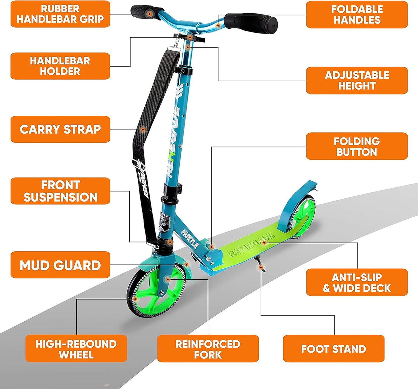 Hurtle Renegade Kick Scooter for Kids, Teenagers & Adults - 2-Wheel Folding Scooter with Adjustable T-Bar Handlebar - Alloy Anti-Slip Deck