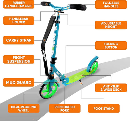 Hurtle Renegade Kick Scooter for Kids, Teenagers & Adults - 2-Wheel Folding Scooter with Adjustable T-Bar Handlebar - Alloy Anti-Slip Deck
