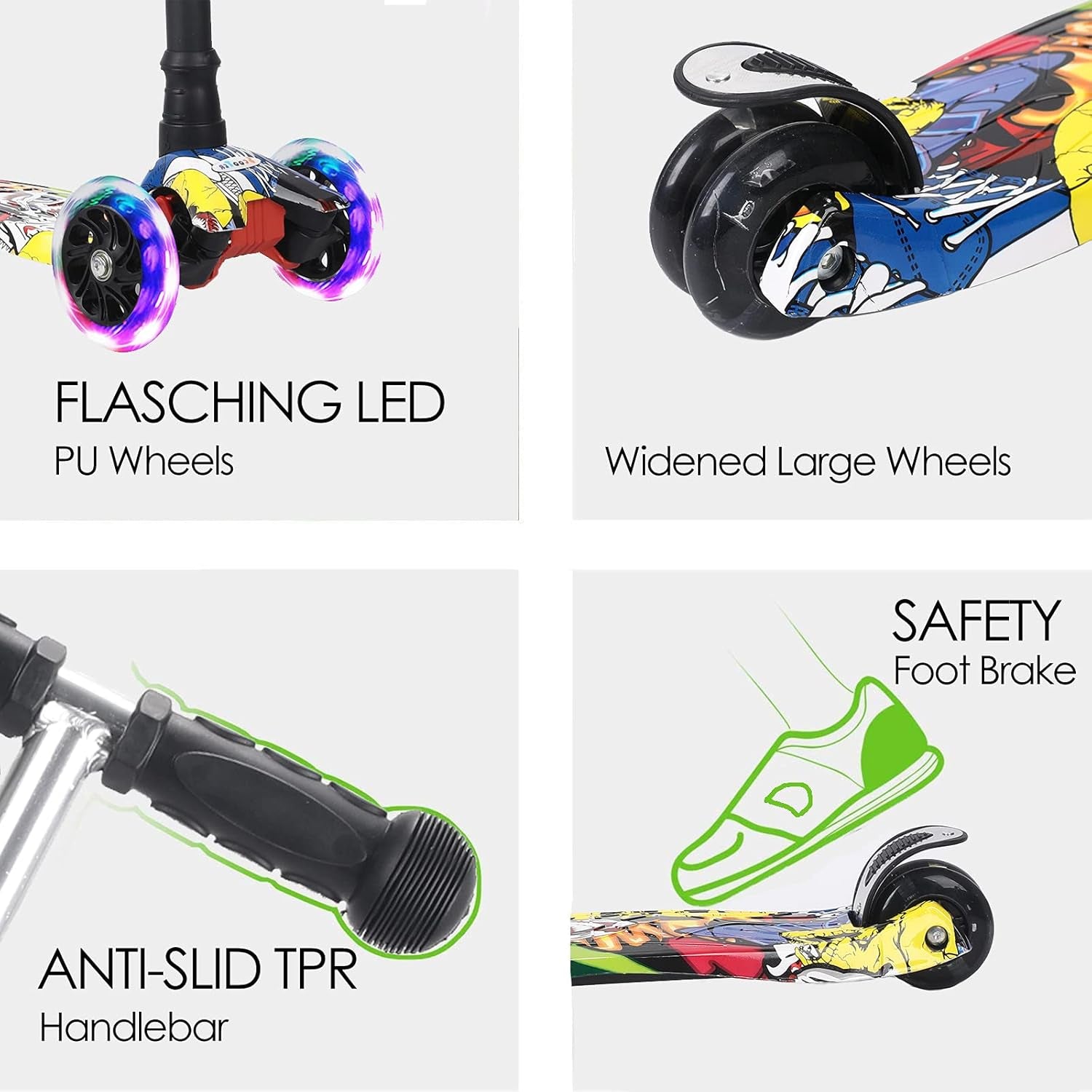 Scooters for Kids 3 Wheel Kick Scooter for Toddlers Girls & Boys, 4 Adjustable Height, Lean to Steer, Extra-Wide Deck, Light up Wheels for Children from 3 to 14 Years Old