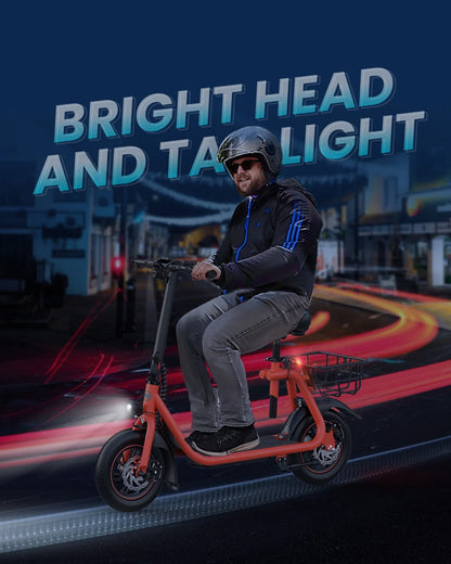 450W Electric Scooter with Seat, Commuter Electric Scooter for Adult with Basket & Free Phone Holder & Steel Cable Lock & Inner Tube- up to 21 Miles 15.5Mph-Oange