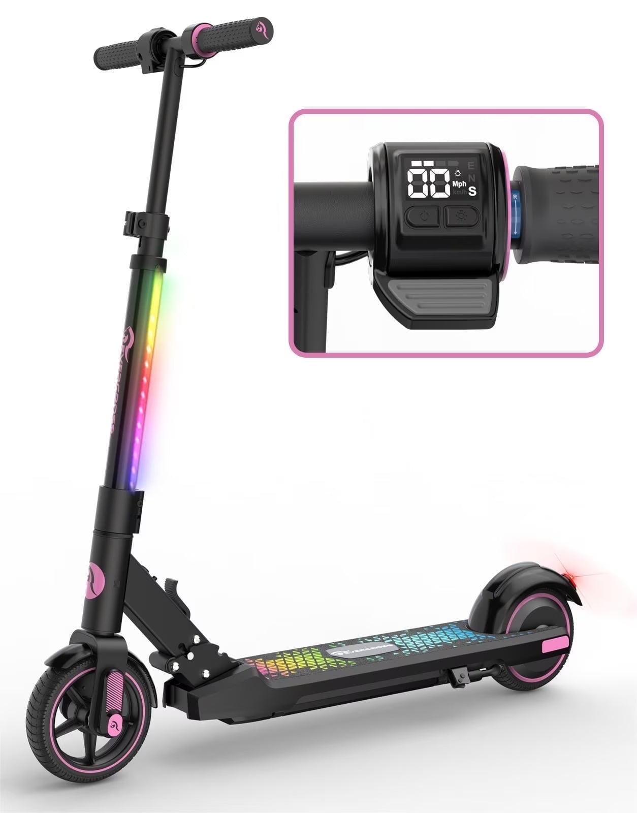 Kids Electric Scooter, 150W Motor, Max Speed 9.3 MPH, 5 Miles Range, Colorful LED Lights, Foldable, Pink