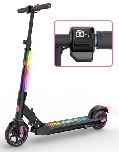 Kids Electric Scooter, 150W Motor, Max Speed 9.3 MPH, 5 Miles Range, Colorful LED Lights, Foldable, Pink
