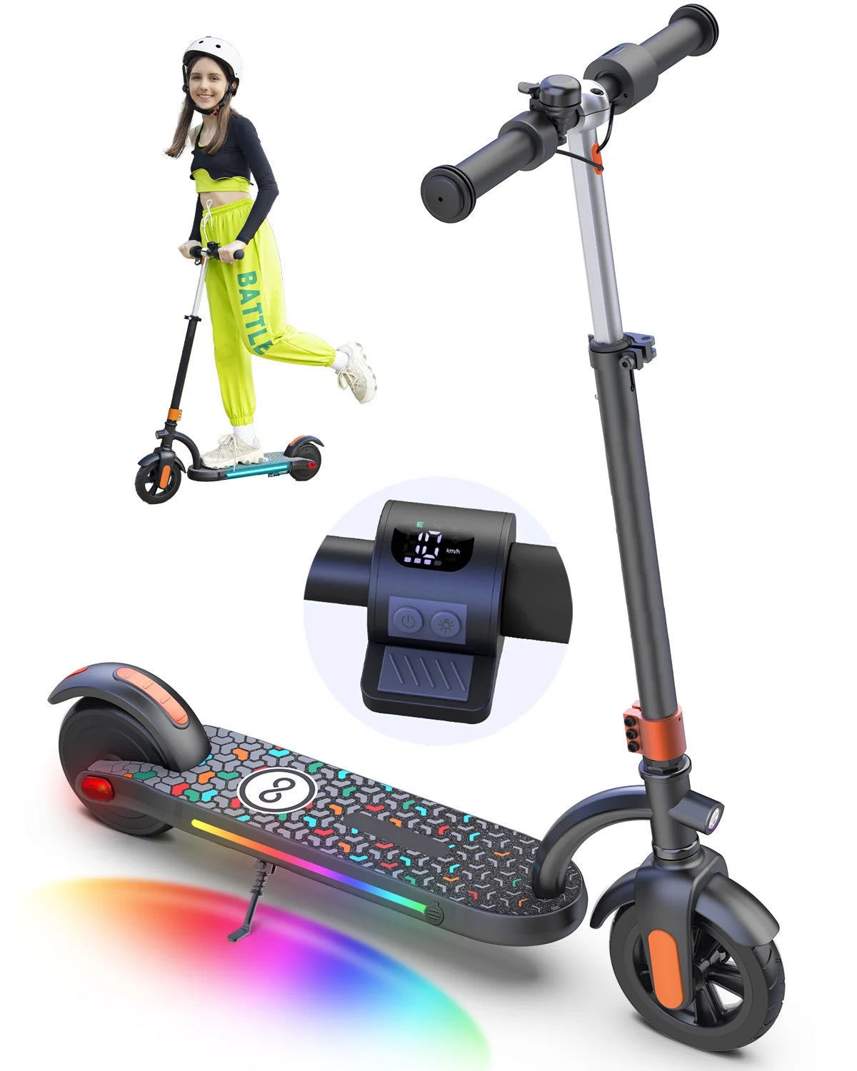 Electric Scooter for Kids, 180W Motor 10Mph Speed Electric Scooter with Adjustable Handlebar and LED Lights - Orange