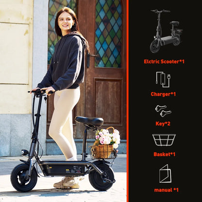 F2 500W Foldable Electric Scooter with Seat for Teen Adults,10 Inch Commuter Escooter with Basket & Wide Pedals - up to 18 Miles 19 Mph
