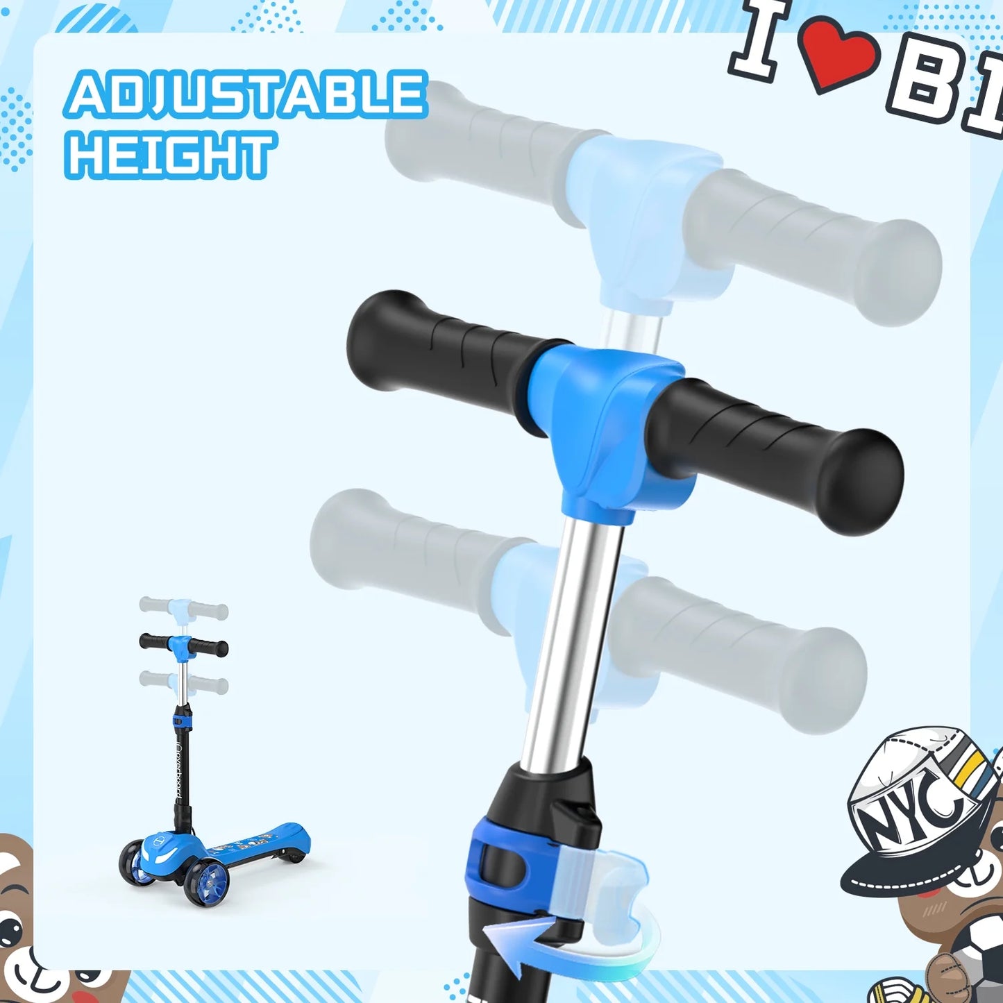 Electric Scooter for Kids 3+, 3-Wheels 70W Motor Escooter & Light-Up Wheels and Pedal, Foldable & Height Adjustable Toddler Motorized Scooters, E-Scooter for Girls Boys(Blue)