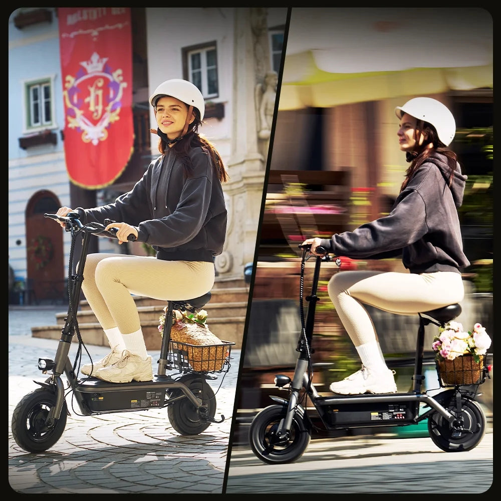 F2 500W Foldable Electric Scooter with Seat for Teen Adults,10 Inch Commuter Escooter with Basket & Wide Pedals - up to 18 Miles 19 Mph