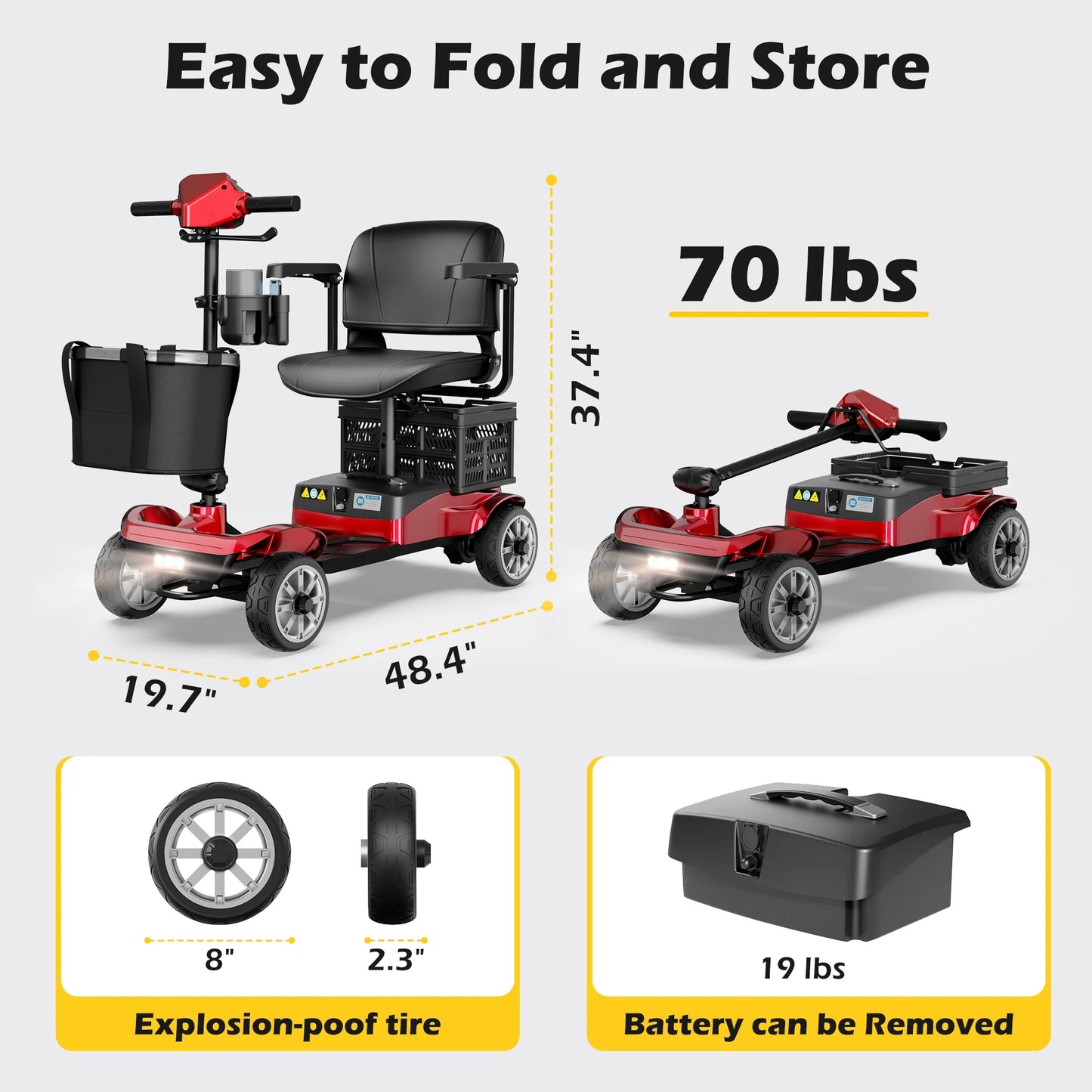 Upgrade 4 Wheels Mobility Scooter with Removable Battery, Compact Heavy Duty Mobile for Travel, Foldable Powered Wheelchair for Adult, 330Lbs, Red