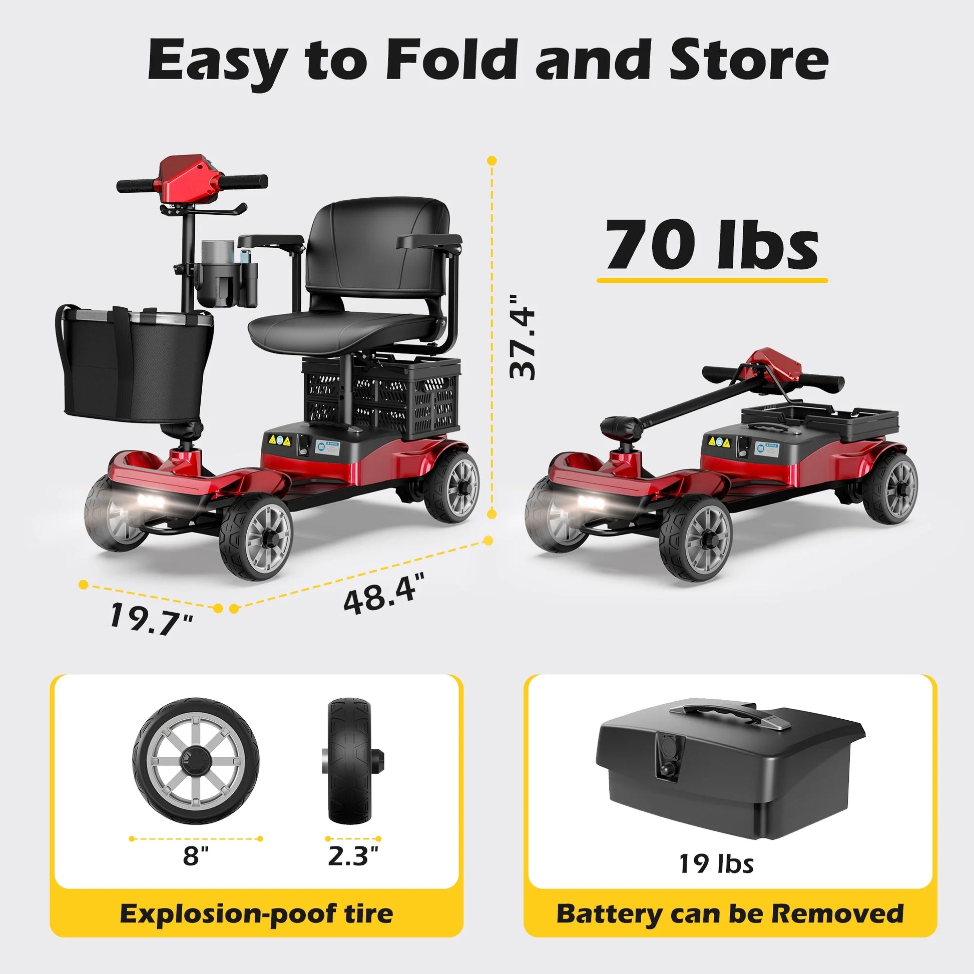Upgrade 4 Wheels Mobility Scooter with Removable Battery, Compact Heavy Duty Mobile for Travel, Foldable Powered Wheelchair for Adult, 330Lbs, Red