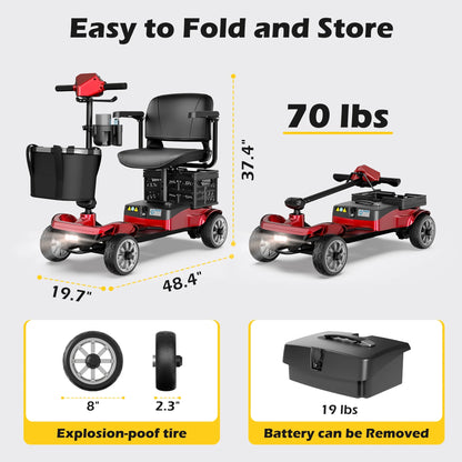 Upgrade 4 Wheels Mobility Scooter with Removable Battery, Compact Heavy Duty Mobile for Travel, Foldable Powered Wheelchair for Adult, 330Lbs, Red