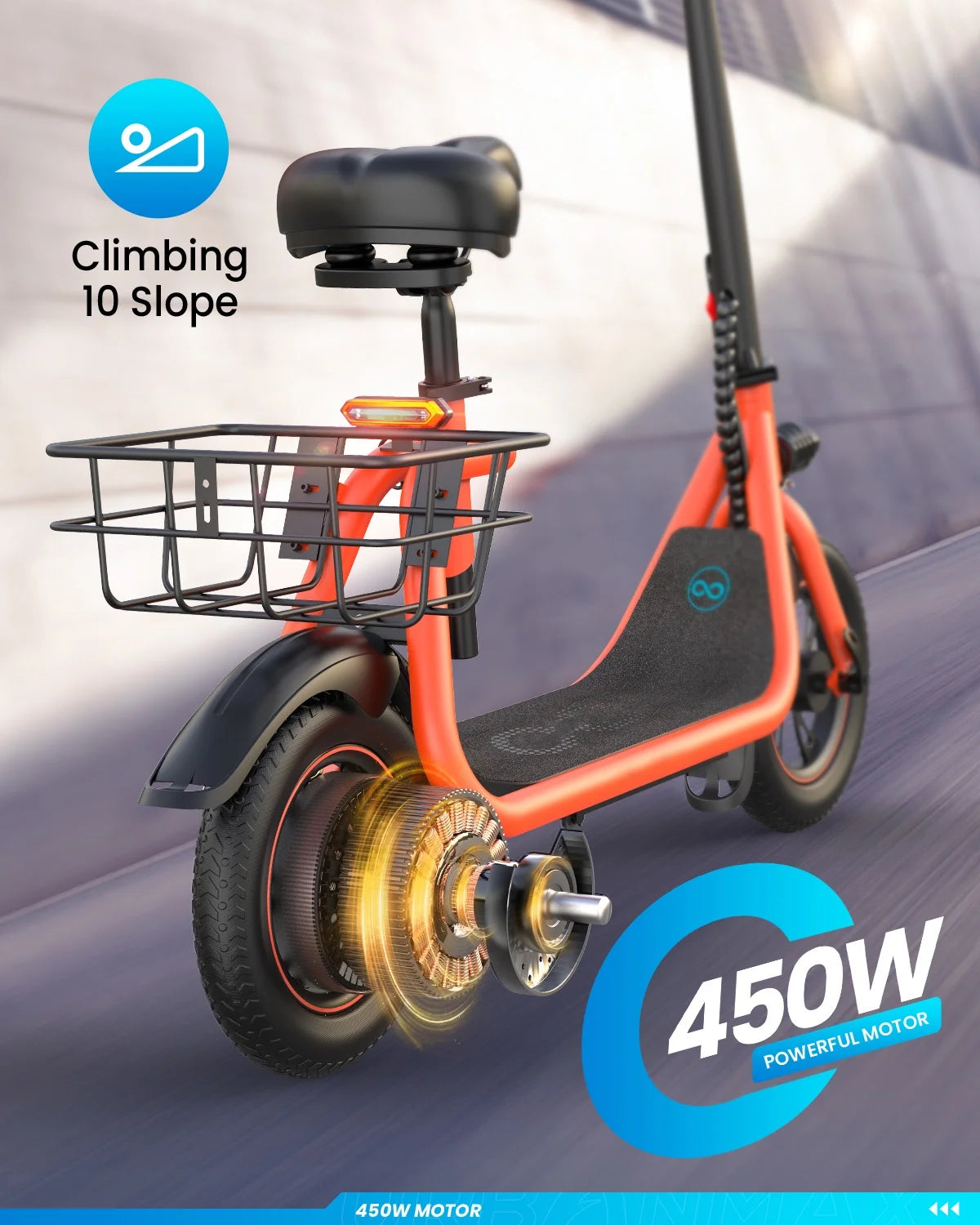 450W Electric Scooter with Seat, Commuter Electric Scooter for Adult with Basket & Free Phone Holder & Steel Cable Lock & Inner Tube- up to 21 Miles 15.5Mph-Oange
