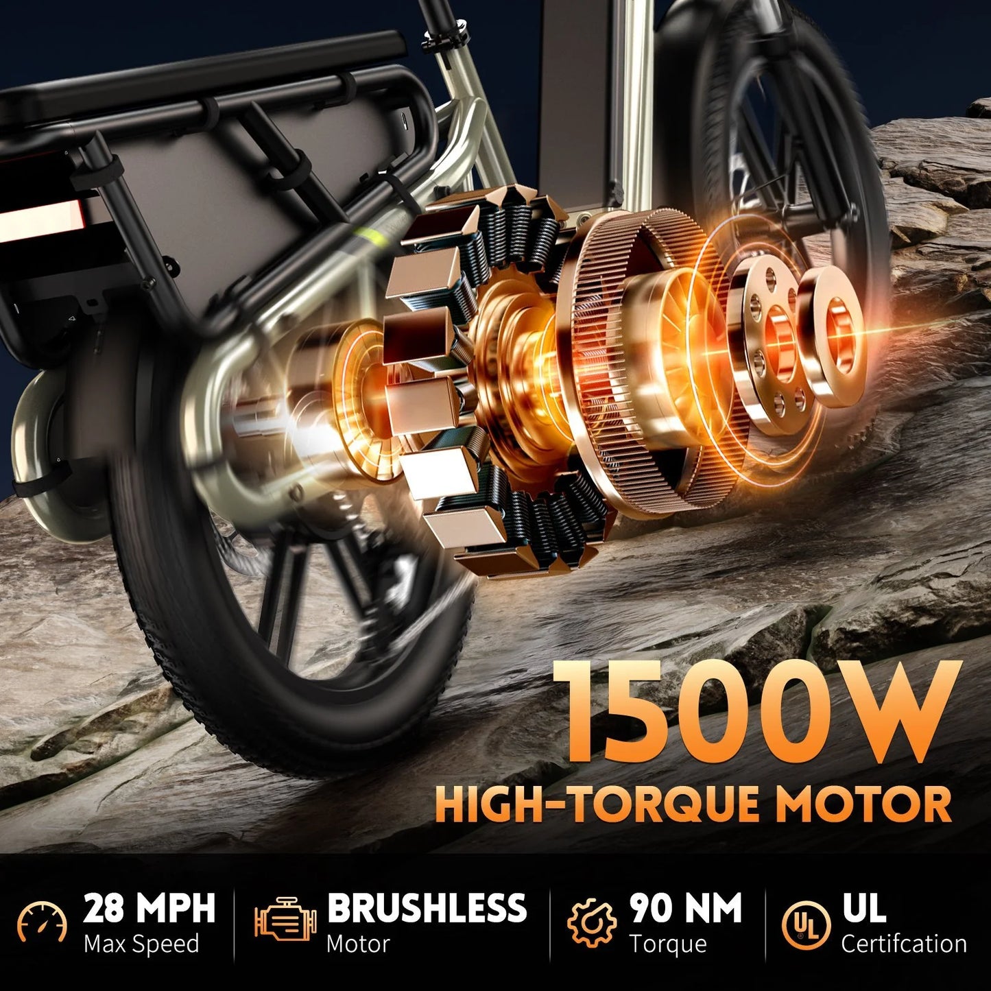 Electric Bike for Adults, Peak 1500W Motor, E Mountain Bike, 20'' Fat Tire Ebike, Fast Cargo Ebikes, Electric Bicycle 48V/500Wh UL2849