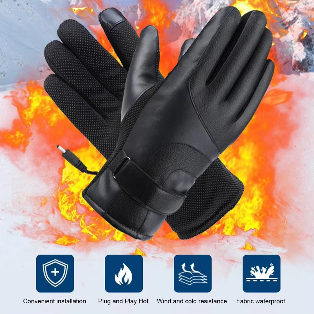 Thermal Windproof Bike Gloves 12V Thickened Warm Muffs Waterproof Outdoor Keep Warm Guantes PU Leather for Snowmobile Motorcycle
