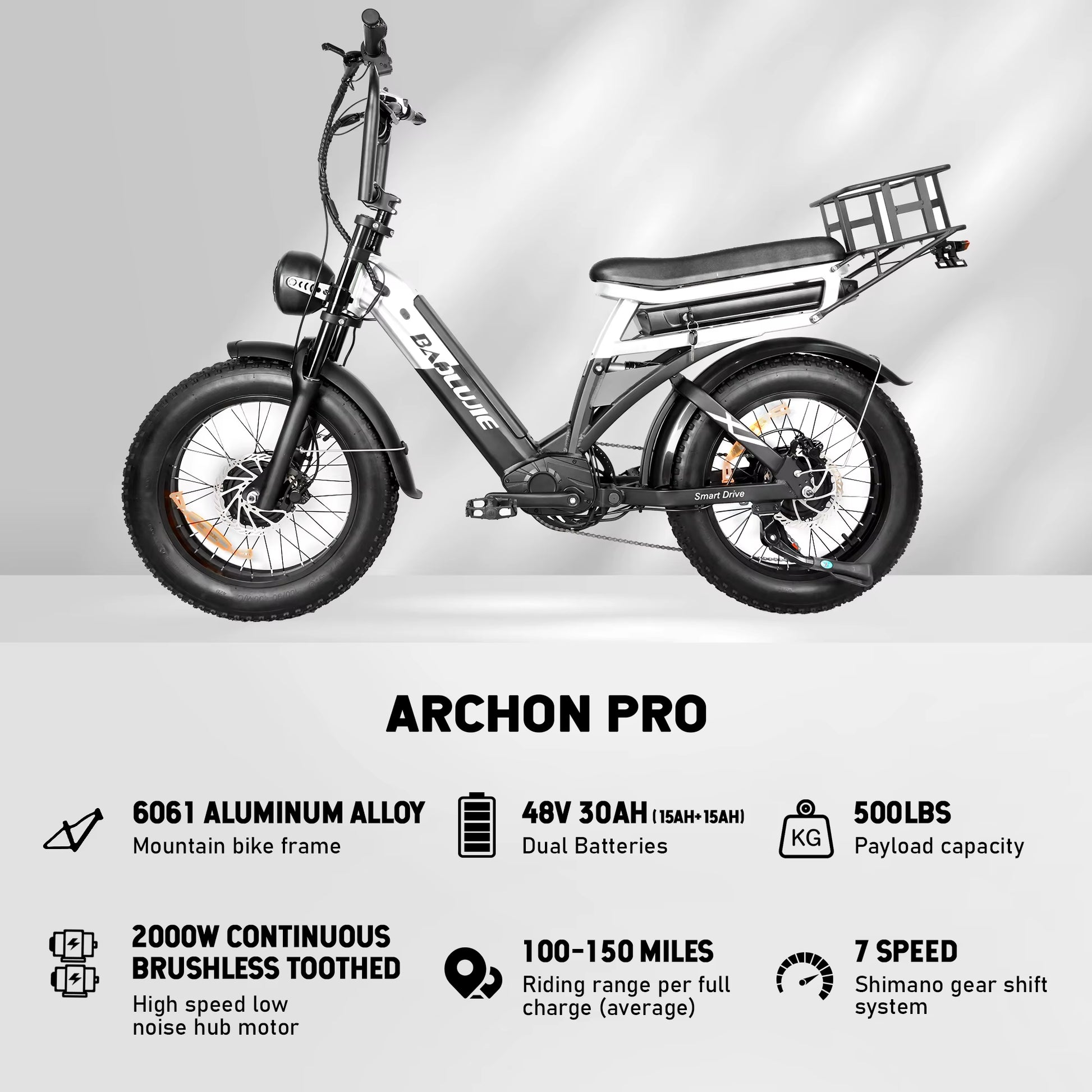 2000W Peak Cargo Electric Bike for Adults with Dual 15Ah Batteries(30Ah) Shima 7 Speed 80Miles-150Miles Long Range Electric Bike