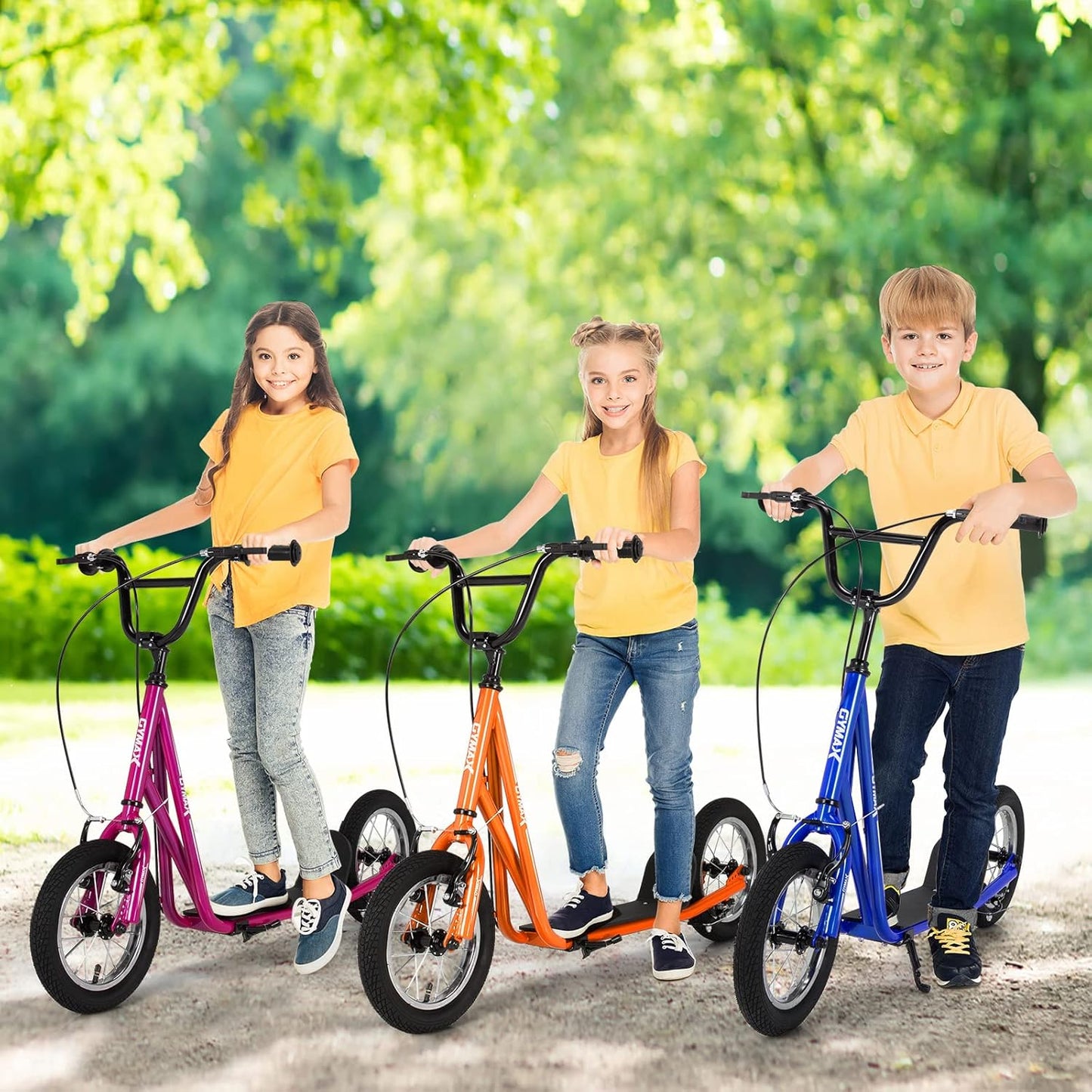 GYMAX Scooter, Kids & Adults Off-Road Scooter with 12" Inflatable Wheels, Adjustable Height Handlebar, V-Type Handbrakes & Axle Pegs for All Terrain, 8+