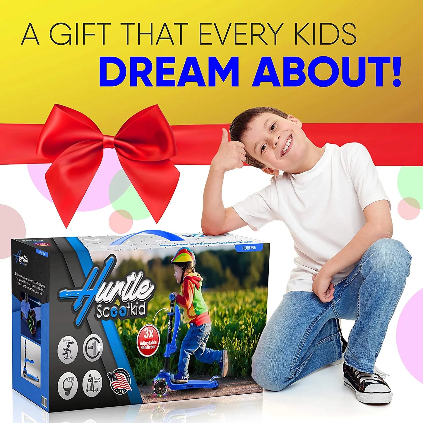 Fitness HURFS56.5 - Scoot Kid 3-Wheel Kids Scooter - Child & Toddler Toy Scooter with Built-In LED Wheel Lights, Fold-Out Comfort Seat (Ages 1+)