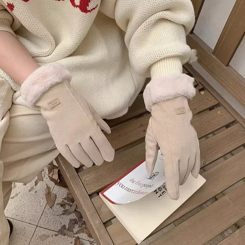 Women Winter Thick Plush Gloves Fashion Warm Suede Outdoor Guantes Lady Touchscreen Driving Gloves Sports Motos Cycling Mittens
