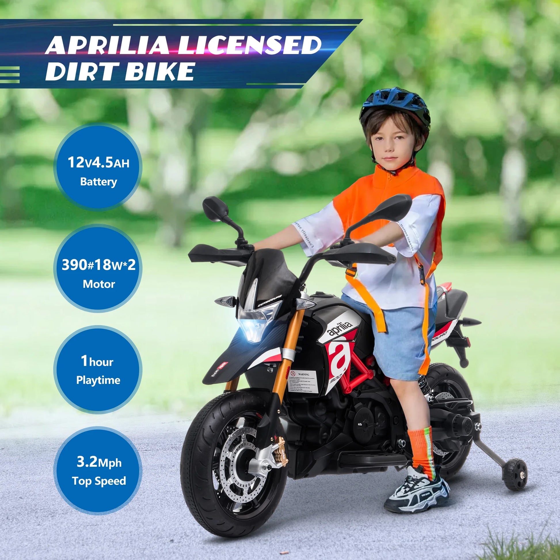 Aprilia Licensed 12V Ride on Motorcycle Electric Motorbike for Kids Child Toys W/Training Wheels, Music, LED Lights, MP3, USB