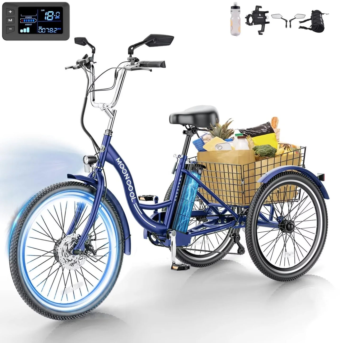 Electric Trike for Adults with Rearview Mirror Accessories Kit, 700W Motor 10.4Ah Battery，24/26 Inches 7 Speeds 3 Wheels Electric Bikes , Certified to UL 2849 by SGS